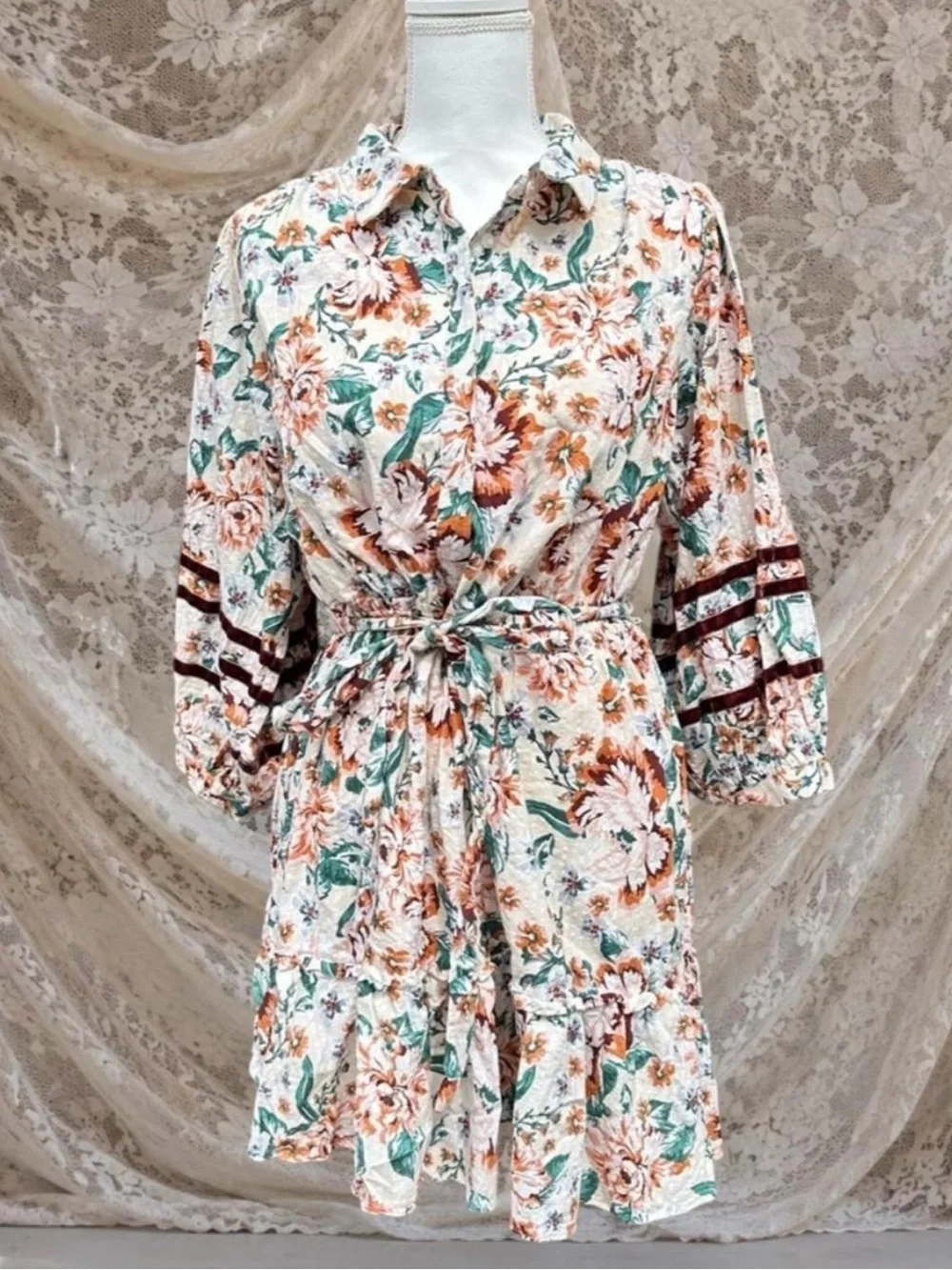 LC Lauren Conrad Floral Button-Front Belted Dress in Ivory, Rust & Teal
